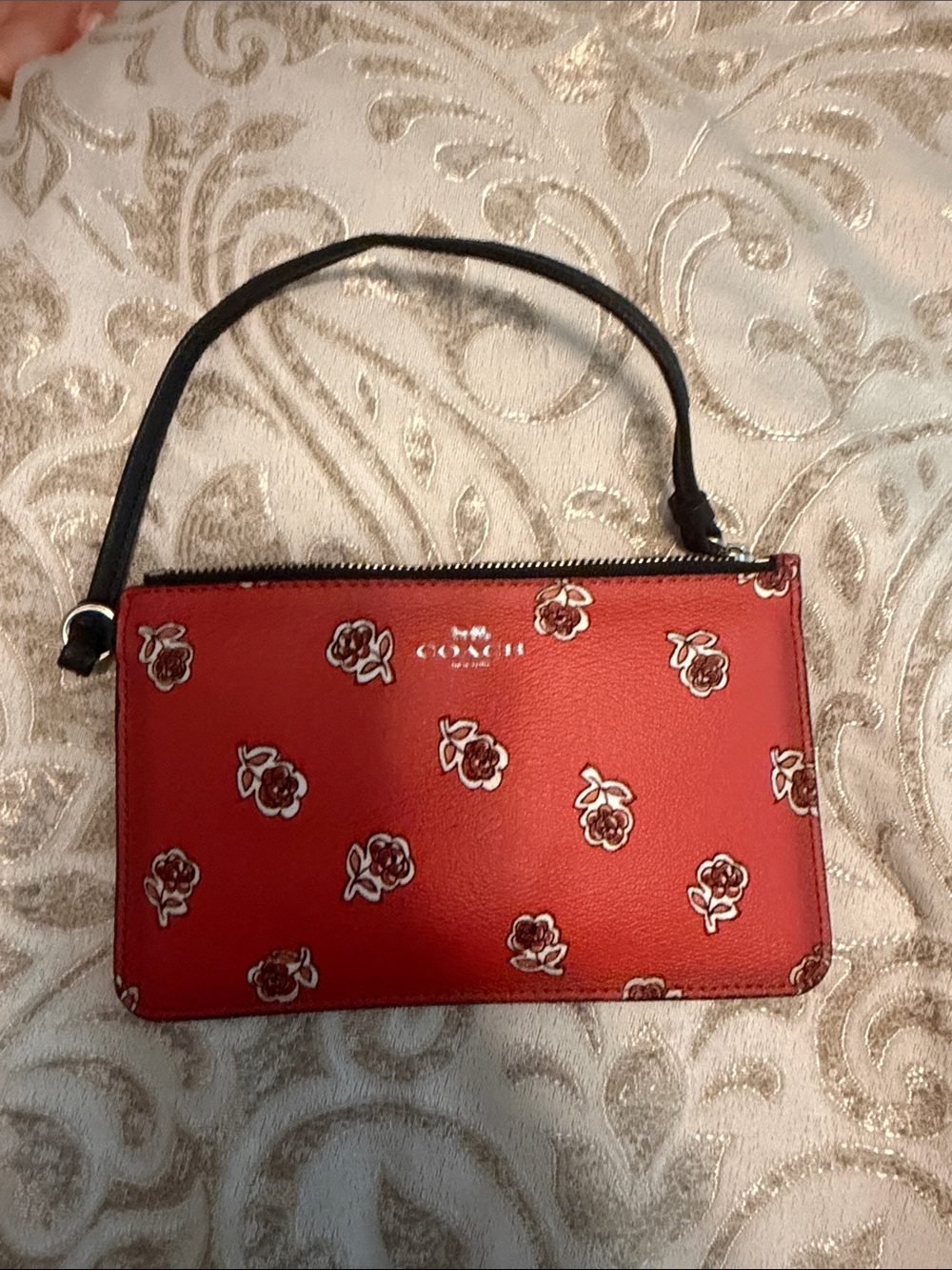 Coach Red Floral Leather Wristlet with Black Strap
